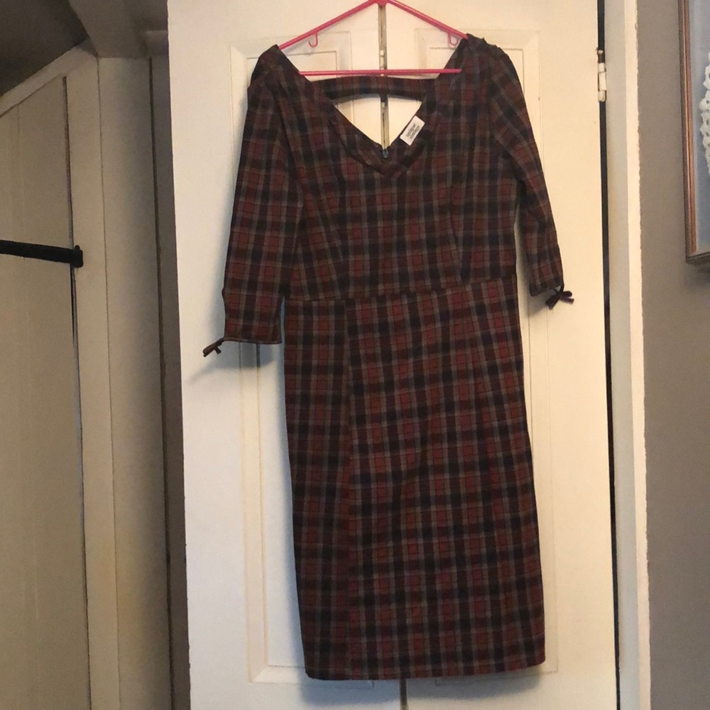 Unique Vintage Rust and Navy Plaid Wiggle Dress